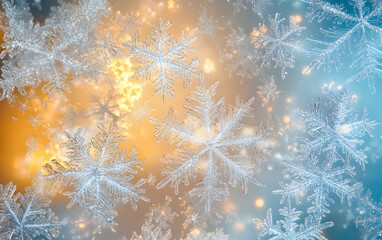 Wall Mural - intricate snowflakes fall against a soft blue and yellow background, creating a winter wonderland.