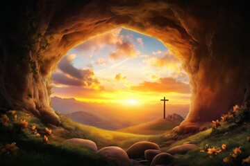 Wall Mural - A Beautifully Serene Easter Sunrise Scene Set in a Majestic Cave, Capturing and Highlighting Themes of Renewal, Rejuvenation, and Inspiring Hope for All Who Take a Moment to Pause and Reflect