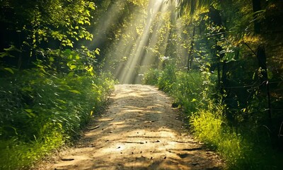 Wall Mural - sunlit forest path with lush greenery and natural scenery