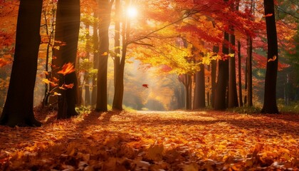 Canvas Print - Golden hour in an autumn forest. Sunlight streams through the vibrant red and yellow leaves, creating a magical scene.