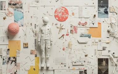 Wall Mural - White astronaut figurine on collage background with space and earth elements.