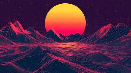 Leinwandbilder - Retro futuristic landscape with a large sun and geometric mountains.