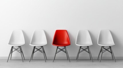 A striking red chair among minimalistic gray office chairs against a white background