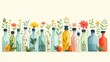 © Vladan - A colorful collection of decorated bottles surrounded by vibrant flowers and greenery, creating a cheerful and artistic arrangement on a light background.