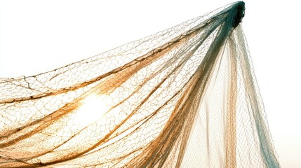 Fishing net drying in sunlight, backlit, texture, detail.