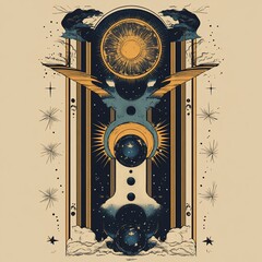 Wall Mural - Celestial art deco design featuring sun, moon, stars, and cosmic elements within an architectural frame.