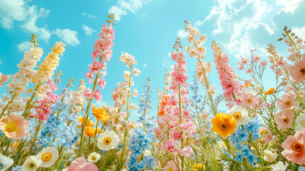 Wall Mural - Vibrant flower field under a bright blue sky showcases colorful blooms in full bloom during a sunny day