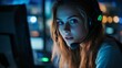 © Milan - A focused woman with an intense gaze wears a headset while lit by the eerie glow of the computer screen during night, immersed in a tech-driven environment.