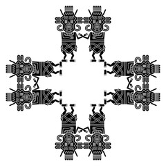 Wall Mural - Square cross shape ethnic ornament or frame with stylized human figurines from Paracas. Indigenous Native American design from ancient Peru. Black and white silhouette.