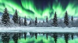 Aurora Borealis illuminating a snowy winter forest scene