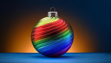 Wall Mural - A colorful Christmas ornament with a rainbow design sits on a blue surface