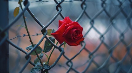 Red rose trapped behind a chain-link fence.