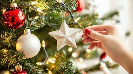 Woman's hand decorating Christmas tree with star ornament and red and white baubles.