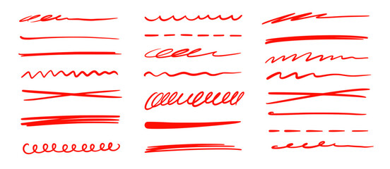 Poster - Red marker underline brush stroke set. Marker red pen highlights squiggle stroke. Vector swoosh brush handwritten underline set for accent, pencil emphasis element. Vector illustration