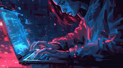 Woman coding late at night, illuminated by laptop screen glow.