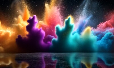 Wall Mural - A vibrant cosmic scene with colorful clouds and sparkling stars reflected in water.