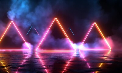 Wall Mural - Vibrant neon triangles illuminated against a misty background, creating a futuristic ambiance.