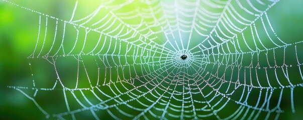 Mist forest concept. A close-up view of a spider web glistening in natural sunlight, showcasing intricate beauty.