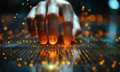 Wall Mural - A hand interacts with glowing particles, symbolizing technology and innovation.