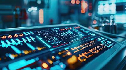 Operate room concept. Futuristic control panel with glowing buttons and screens in a high-tech environment.