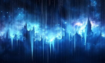 Wall Mural - A cosmic landscape with blue hues, resembling a mystical universe filled with stars.