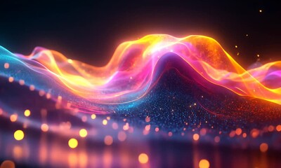 Wall Mural - A vibrant, abstract wave of colorful light and particles creating a dynamic visual effect.