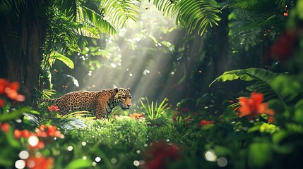 Sticker - Jaguar in lush rainforest, sunlight beams.