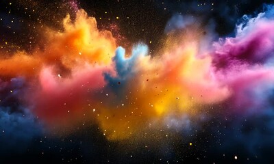 Wall Mural - A vibrant cosmic scene depicting colorful clouds and sparkling particles in space.