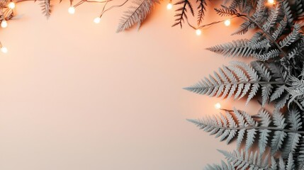 Wall Mural - Blurred bokeh concept. A serene composition of ferns with soft glow of fairy lights on a light background.