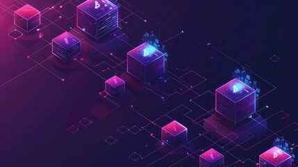 Futuristic digital landscape with glowing cubes and network connections.