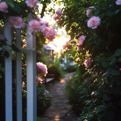 Wall Mural - Sunlit Rose Garden Path: A Serene Summer Evening