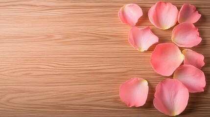 Poster - Minimal floral idea. Delicate pink rose petals scattered on a wooden surface for a romantic atmosphere.