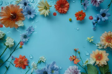 Wall Mural - colorful flower frame on teal background. mz