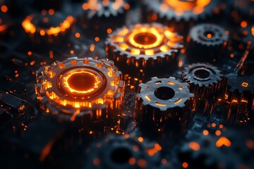 Poster - A close-up of interlocking gears with glowing elements, showcasing intricate mechanical design.