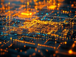 Aufkleber - A digital circuit board with glowing lines and nodes, representing technology and connectivity.
