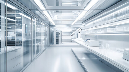 Wall Mural - A futuristic research laboratory featuring clean, high-tech design, digital interfaces, and advanced scientific equipment, ideal for cutting-edge scientific work.