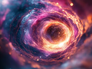 Poster - A vibrant cosmic vortex with swirling colors and glowing particles.