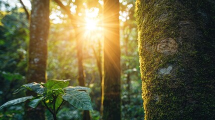 Poster - Moss forest concept. Sunlight filters through trees, creating a serene and calming forest atmosphere.