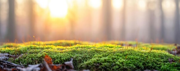 Poster - Moss forest concept. Vibrant green moss thrives under soft morning light in a peaceful forest setting.
