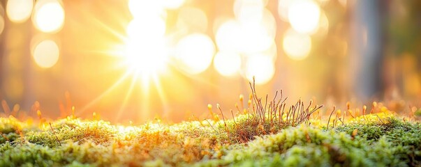 Poster - Moss forest concept. Sunlight filtering through trees casts a warm glow over lush green moss in the forest.