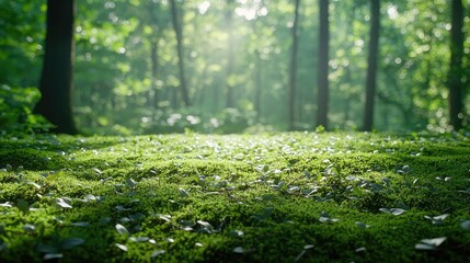 Poster - Moss forest concept. A serene forest scene with lush green moss and gentle sunlight filtering through trees.