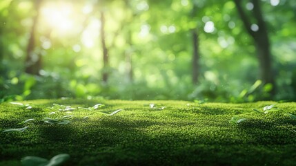Poster - Moss forest concept. Lush green moss covering the forest floor with soft sunlight filtering through trees.