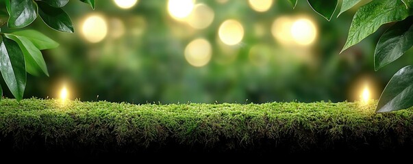 Poster - Moss forest concept. Lush green foliage with soft glowing lights creating a serene nature ambiance.