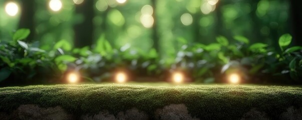 Poster - Moss forest concept. Lush greenery with glowing lights creating a serene, magical forest atmosphere.