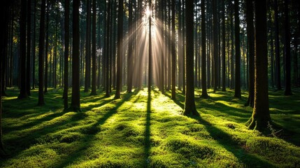 Poster - Moss forest concept. Sunlight filtering through tall trees in a serene forest setting.