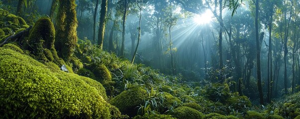 Poster - Moss forest concept. Lush green forest with beams of sunlight filtering through the trees and vibrant moss.