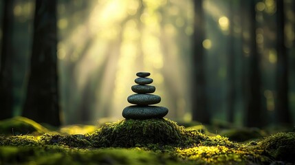 Poster - Moss forest concept. A serene stack of rocks in the forest, symbolizing tranquility and balance in nature.