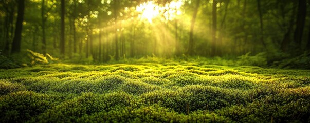 Poster - Moss forest concept. Sunlight filters through trees, illuminating lush green moss in a tranquil forest.