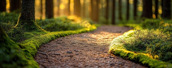 Poster - Moss forest concept. A serene forest pathway illuminated by golden sunlight through lush greenery.