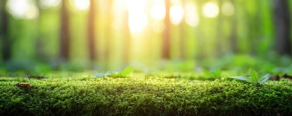 Poster - Moss forest concept. A tranquil forest landscape showcasing sunlight filtering through lush green foliage.